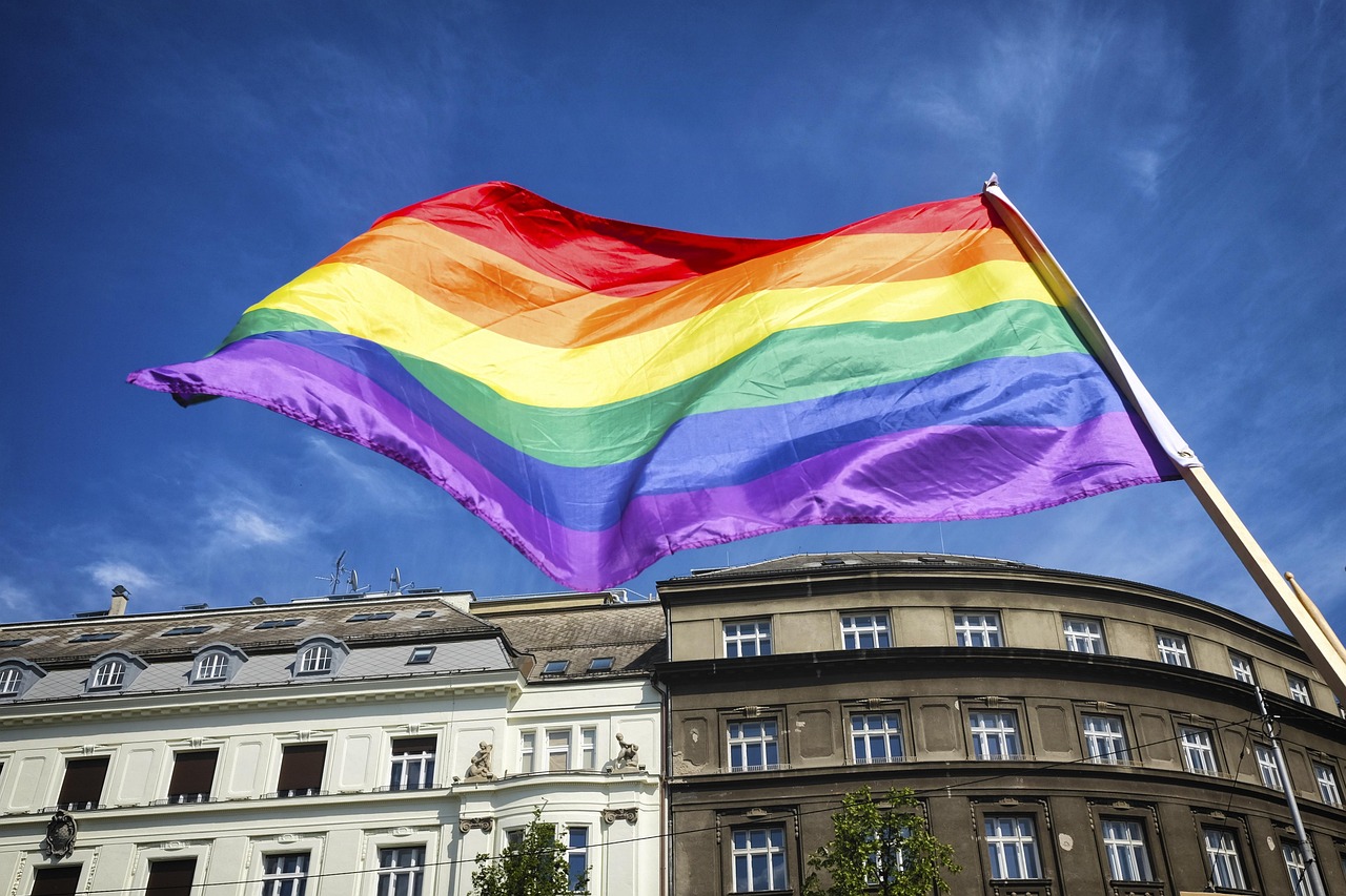 flag, pride, rainbow, nature, symbol, lesbian, banner, homosexual, bisexual, transgender, freedom, blue, proud, march, marching, human, rights, blue sky, lgbtiqa, pride month, rainbow flag, world pride